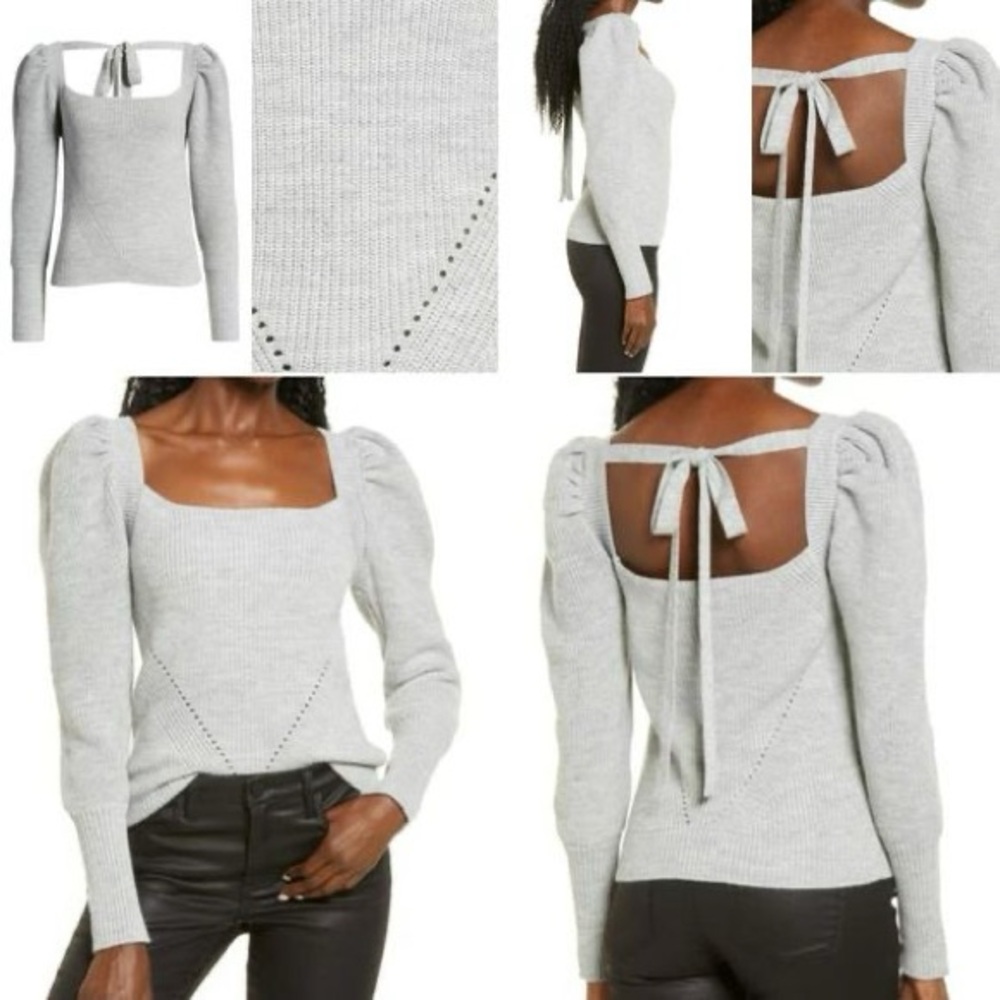 EUC. WAYF.  Square Neck Light Gray Knit Sweater with Tie Back